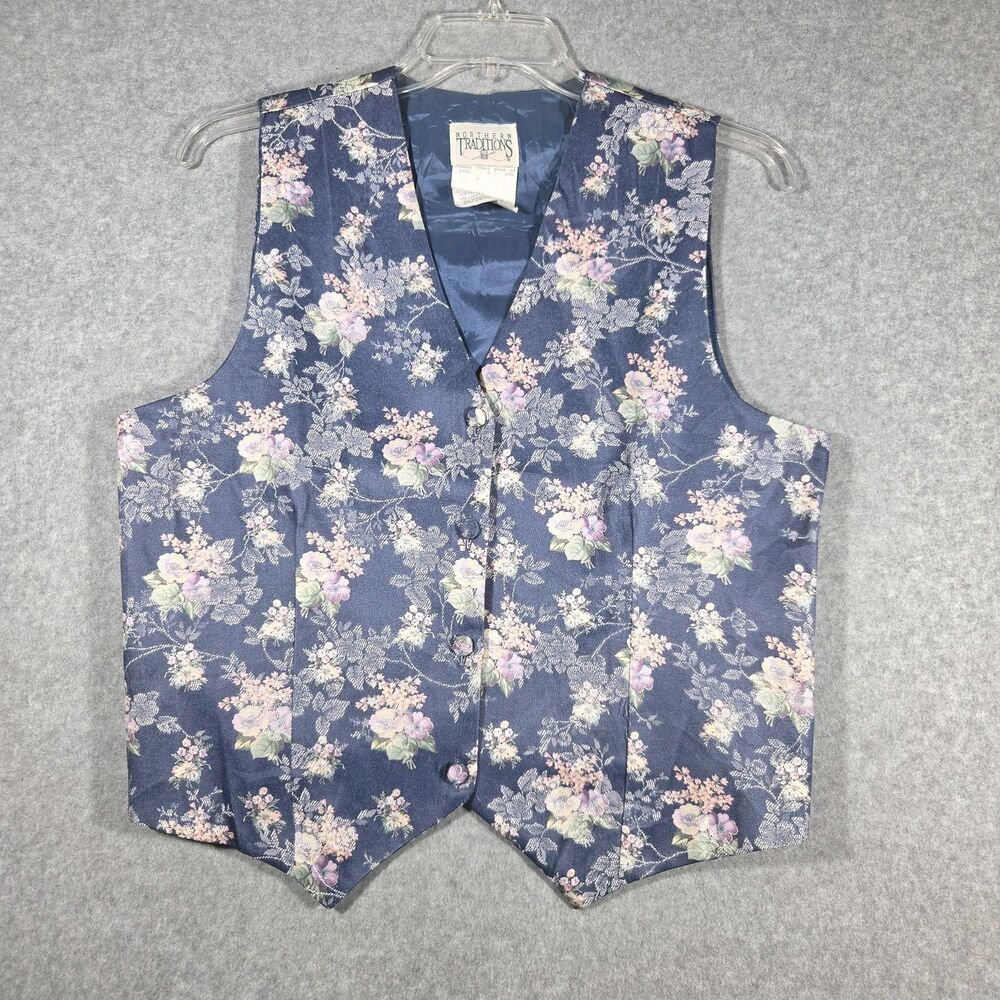 VTG Northern Traditions Floral Tapestry Vest Blue Pink Purple Cottagecore XL